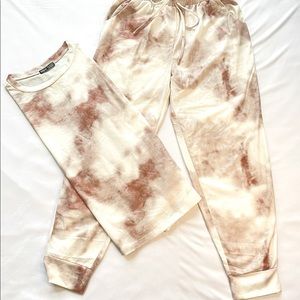 SHEIN Tie Dye Pullover & Sweatpants Set, Size Medium/US 6, Tan/White